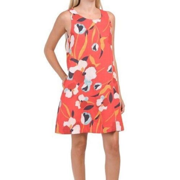 Sigrid Olsen Women's Sz XS Red Floral Sleeveless Linen Trapeze Mini Dress - Picture 13 of 14